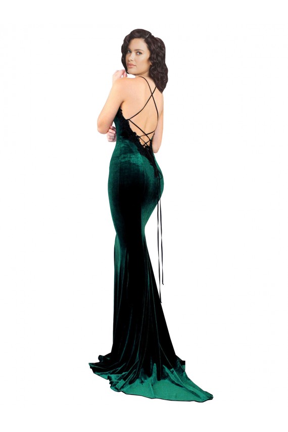 Wholesale High Neck Stretch Velvet Prom Dress with Black Lace Embroidery UK