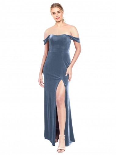 Wholesale Draped Sleeves Wide Scoop Neck Off the Shoulder Velvet Prom Dress UK