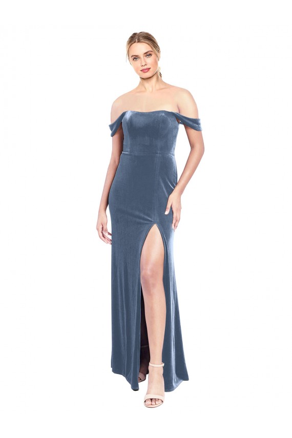 Wholesale Draped Sleeves Wide Scoop Neck Off the Shoulder Velvet Prom Dress UK
