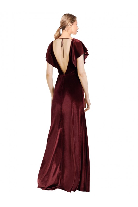 Wholesale Flutter Sleeves Open Back Long Velvet Prom Dress UK