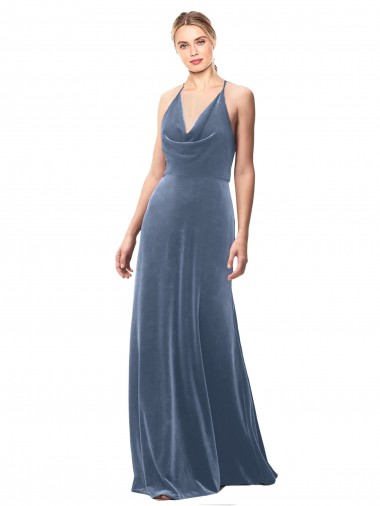 Wholesale Halter Cowl Neck Long A-Line Velvet Prom Dress with Keyhole Back UK