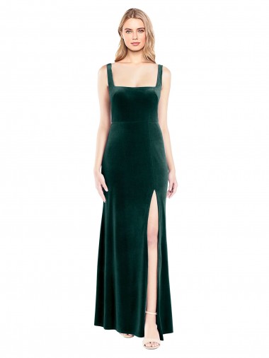 Wholesale Square Neck Full Length Velvet Prom Dress with Side Slit UK