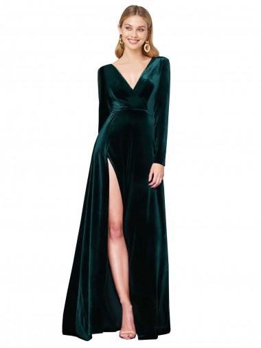 Wholesale Deep V-Neck Long Sleeves Velvet Prom Dress with High Side Split UK
