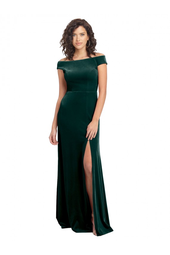 Wholesale Floor Length Cap Sleeves Long Velvet Prom Dress with High Side Slit UK
