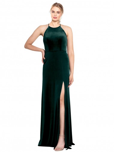 Wholesale Long Jewel Neck Full Length Velvet Prom Dress with Side Slit UK