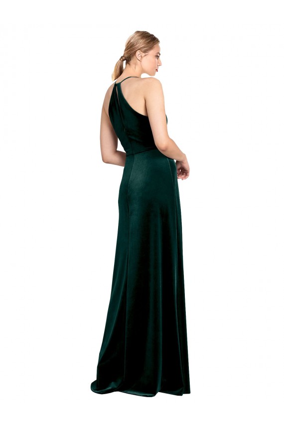 Wholesale Long Jewel Neck Full Length Velvet Prom Dress with Side Slit UK