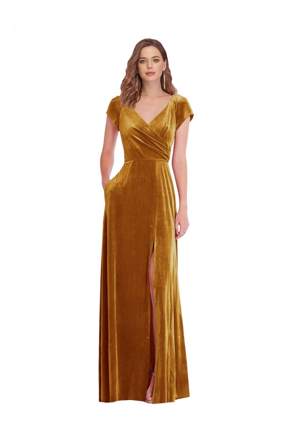 Wholesale Cap Sleeve Faux Wrap Velvet Maxi Prom Dress with Pockets UK