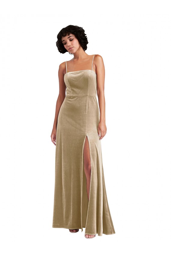 Wholesale Square Neck Velvet Maxi Prom Dress with Front Slit & Pockets UK