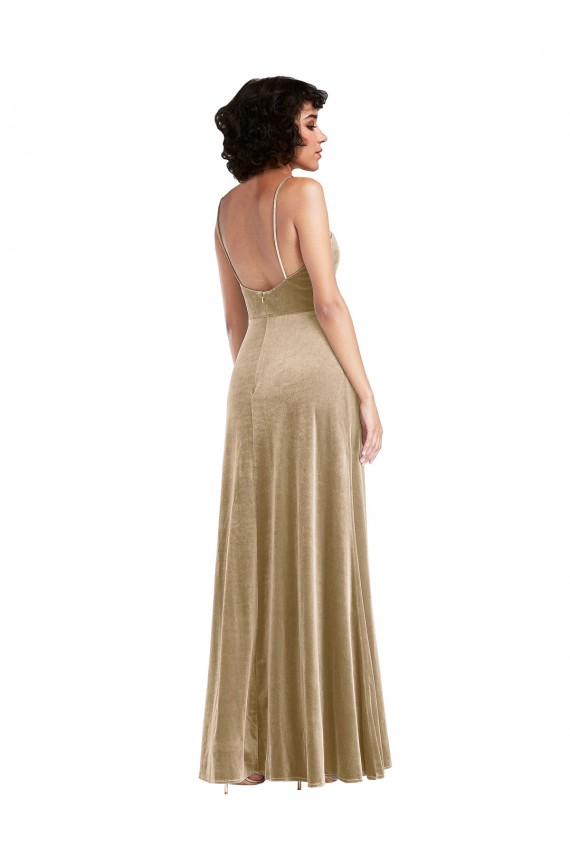 Wholesale Square Neck Velvet Maxi Prom Dress with Front Slit & Pockets UK