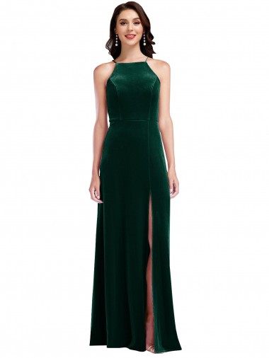 Wholesale Velvet Halter Maxi Prom Dress with Front Slit & Pockets UK