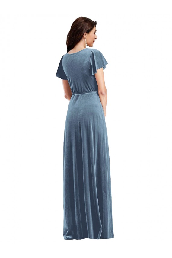 Wholesale Flutter Sleeve Velvet Wrap Maxi Prom Dress with Pockets UK