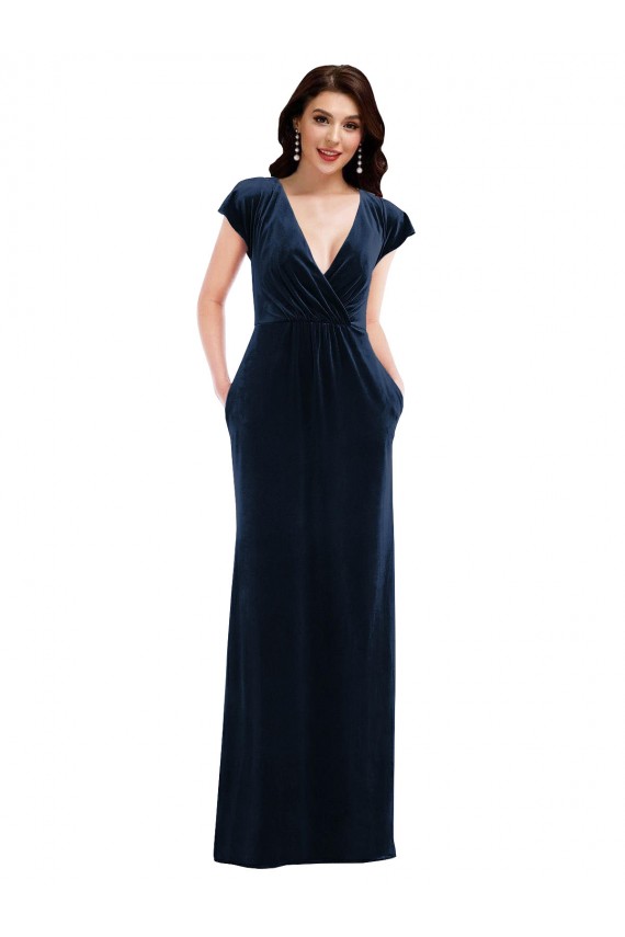 Wholesale Flutter Sleeve Wrap Bodice Velvet Maxi Prom Dress with Pockets UK