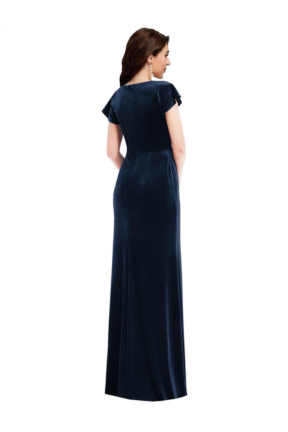 Wholesale Flutter Sleeve Wrap Bodice Velvet Maxi Prom Dress with Pockets UK