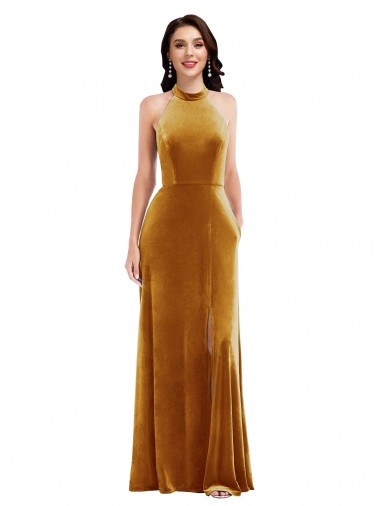 Wholesale High-Neck Halter Velvet Maxi Prom Dress with Front Slit UK