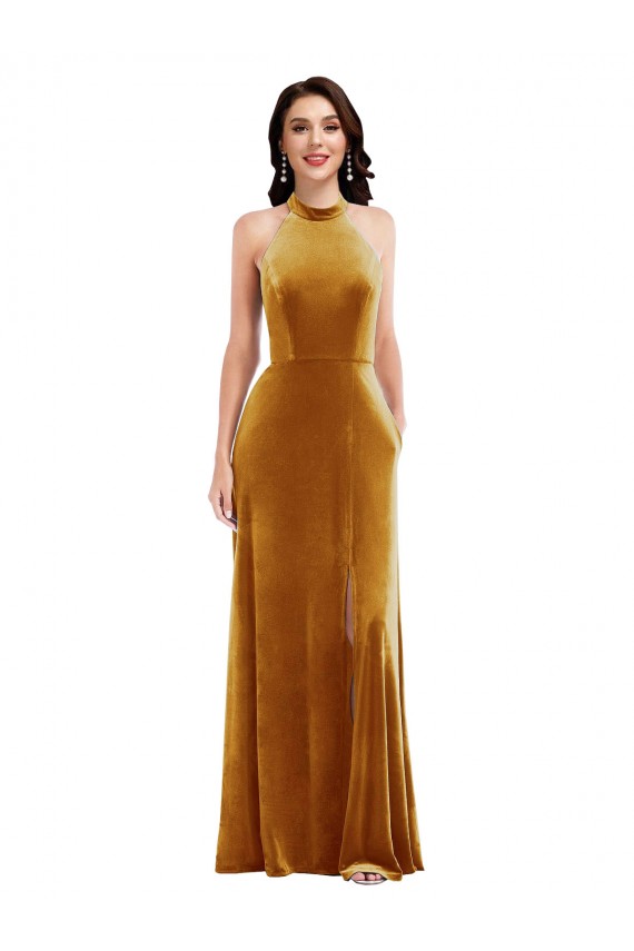 Wholesale High-Neck Halter Velvet Maxi Prom Dress with Front Slit UK