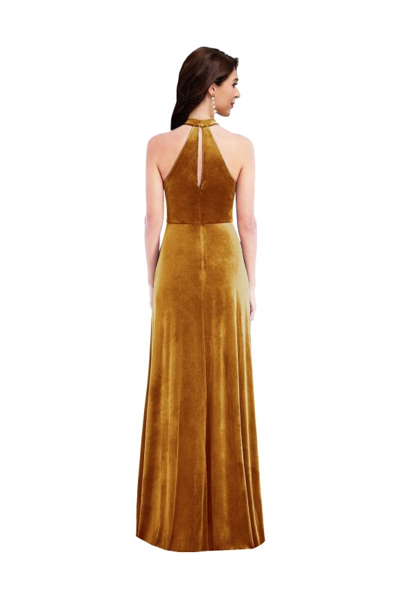 Wholesale High-Neck Halter Velvet Maxi Prom Dress with Front Slit UK