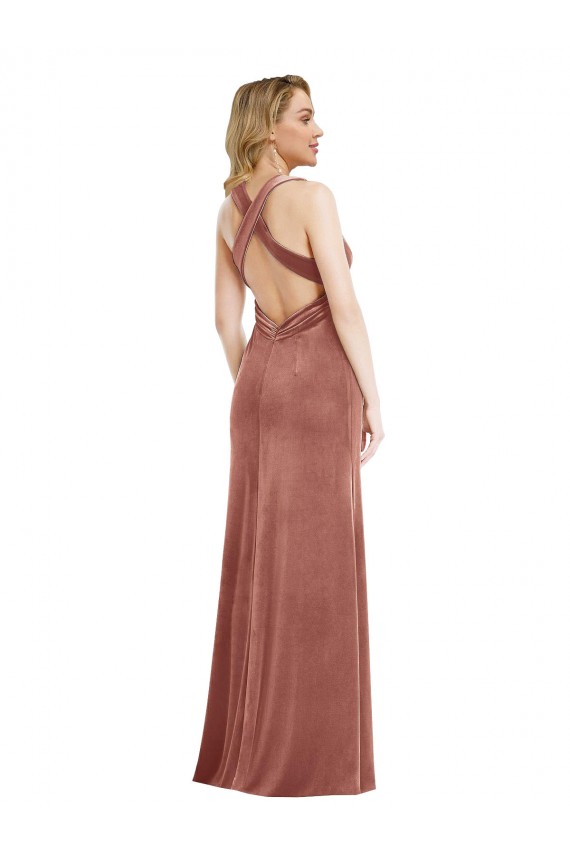 Wholesale Plunging Neckline Velvet Maxi Prom Dress with Criss Cross Open Back UK