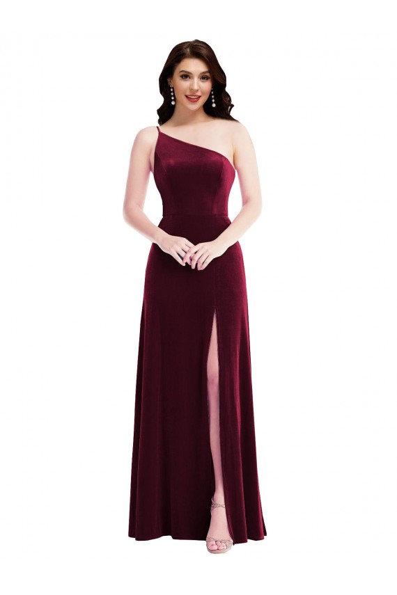 Wholesale One Shoulder Spaghetti Strap Velvet Maxi Prom Dress with Pockets UK
