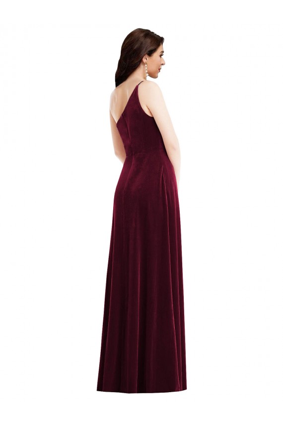 Wholesale One Shoulder Spaghetti Strap Velvet Maxi Prom Dress with Pockets UK