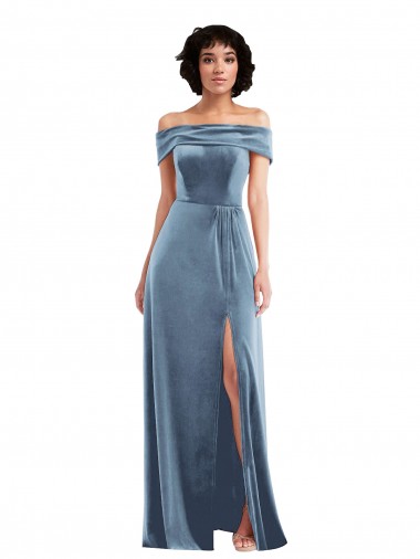 Wholesale Draped Cuff Off the Shoulder Velvet Maxi Prom Dress with Pockets UK