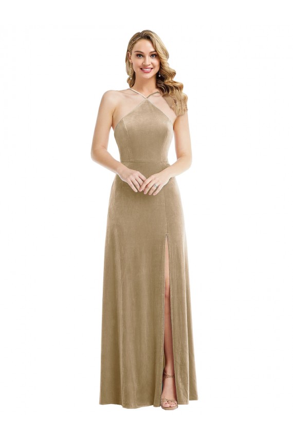 Wholesale High Neck Halter Open Back Long Velvet Maxi Prom Dress with Pockets UK