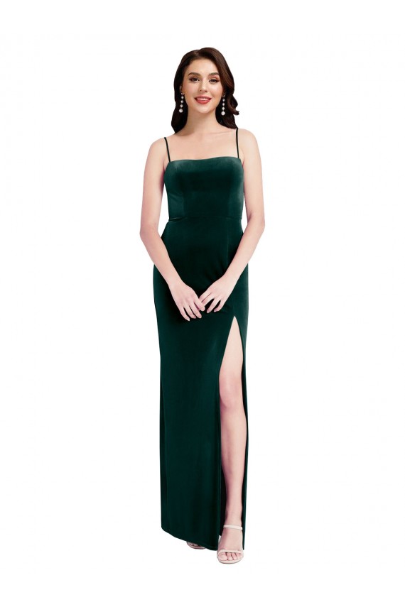 Wholesale Straight Neckline Spaghetti Straps Long Velvet Prom Dress with High Side Slit UK