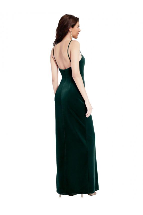 Wholesale Straight Neckline Spaghetti Straps Long Velvet Prom Dress with High Side Slit UK