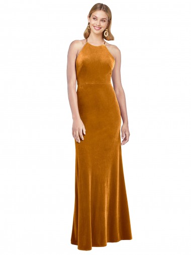 Wholesale Halter Neckline Long Full Length Velvet Prom Dress with Strappy Back UK
