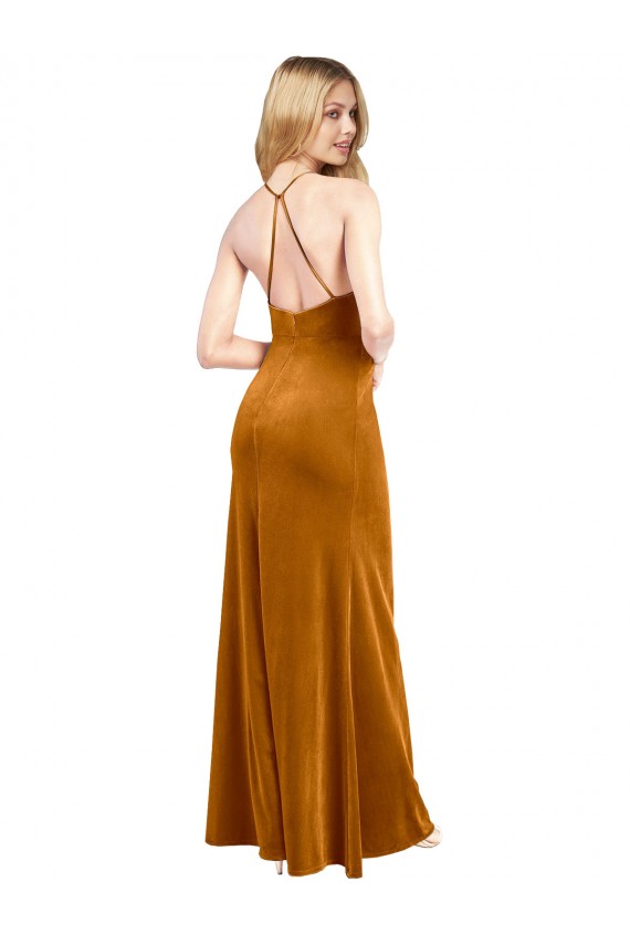 Wholesale Halter Neckline Long Full Length Velvet Prom Dress with Strappy Back UK