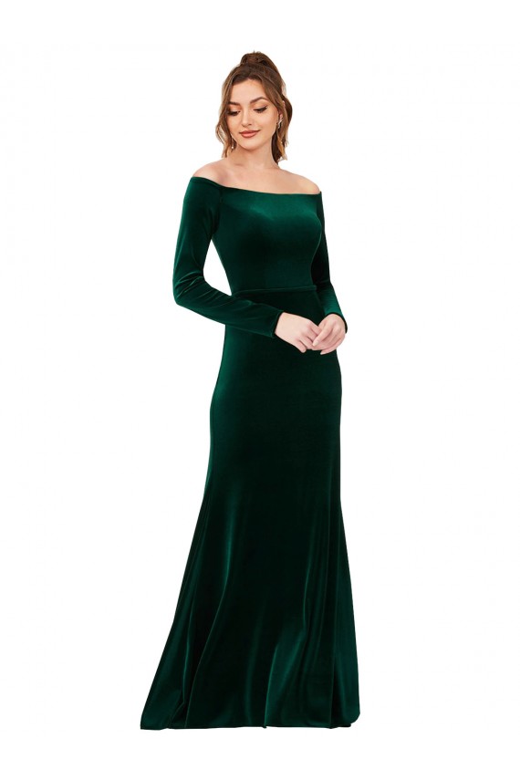 Wholesale Off the Shoulder Long Sleeves Stretch Velvet Prom Dress UK