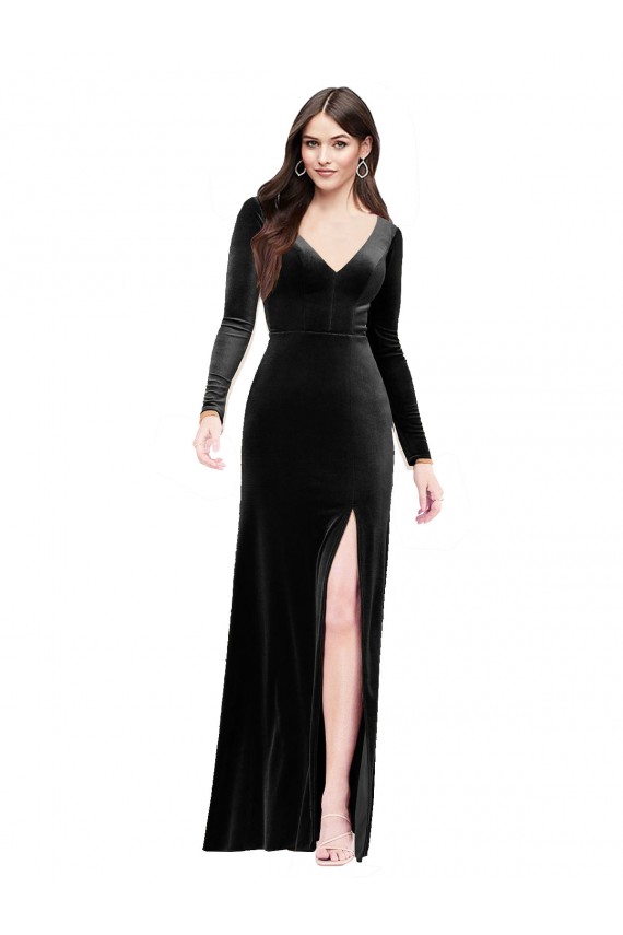 Wholesale Long Sleeves Velvet Prom Dress with V-Neckline and Thigh Slit UK