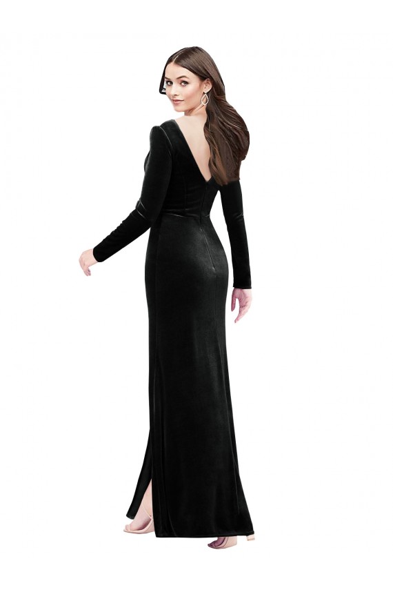 Wholesale Long Sleeves Velvet Prom Dress with V-Neckline and Thigh Slit UK