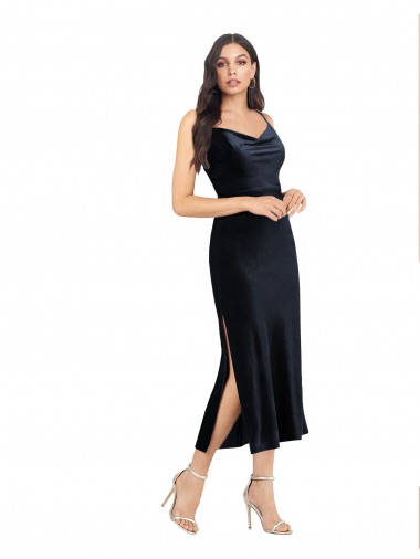 Wholesale Midi Length Velvet Cocktail Prom Dress / Homecoming Dress with Cowl Neck and Spaghetti Straps UK