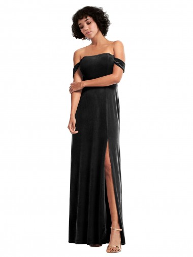 Wholesale Off the Shoulder Drapped Sleeves Stretch Velvet Prom Dress UK