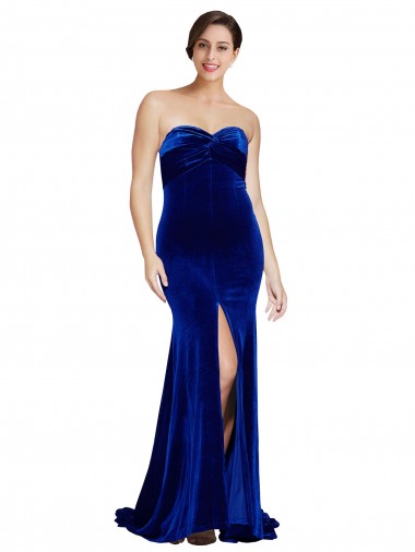 Wholesale Strapless Ruched Velvet Prom Dress with Sweep Train and Front Slit UK
