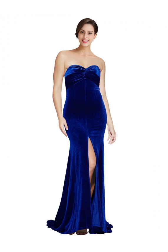 Wholesale Strapless Ruched Velvet Prom Dress with Sweep Train and Front Slit UK