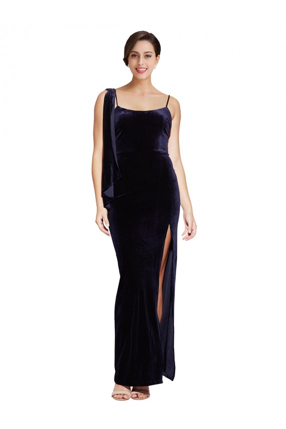 Wholesale Long Velvet Prom Dress with Side Thigh Split and Shoulder Tie UK