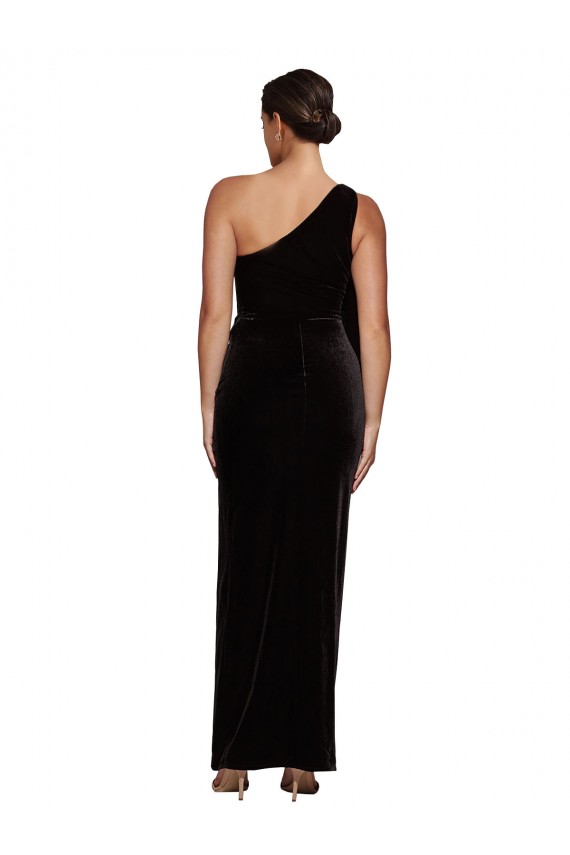 Wholesale One Shoulder Long Velvet Prom Dress with Side Split and Shoulder Tie UK