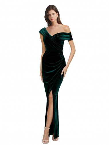 Wholesale Long Asymmetric Neckline Ruched Velvet Prom Dress UK