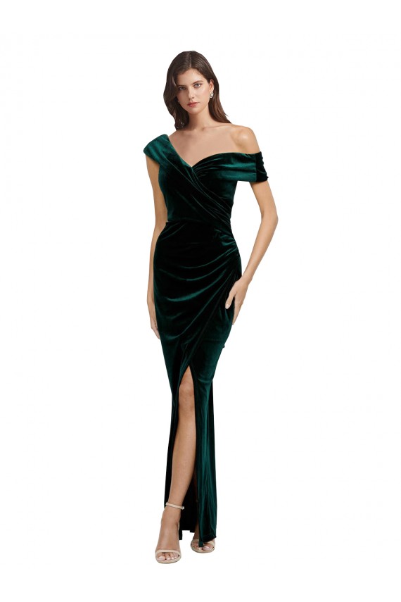 Wholesale Long Asymmetric Neckline Ruched Velvet Prom Dress UK