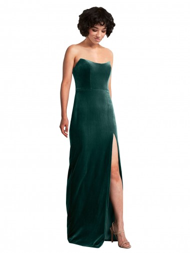 Wholesale Scooped Strapless Long Velvet Prom Dress with Daring Side Slit UK