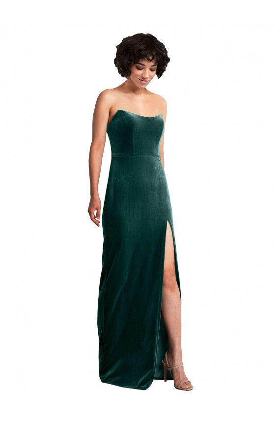 Wholesale Scooped Strapless Long Velvet Prom Dress with Daring Side Slit UK